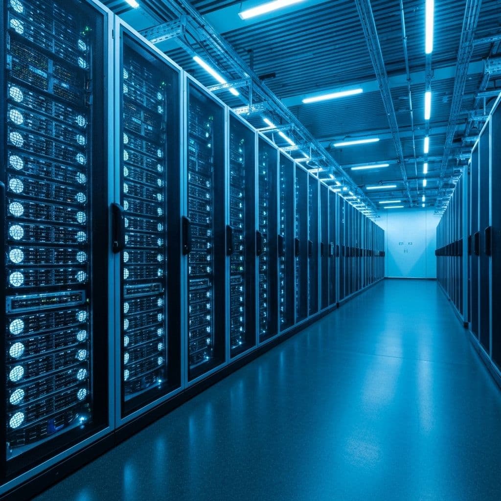 Modern datacenter server room with blue lighting